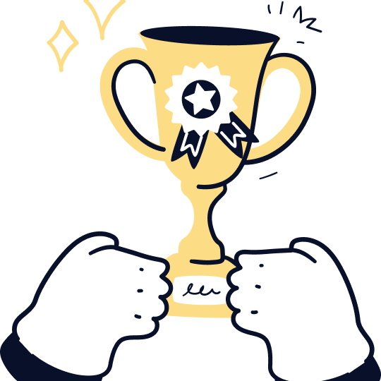 Two gloved hands hold a gold trophy with a star ribbon on it, shining with excitement.