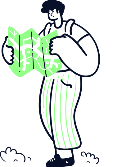 Cartoon person with short hair and striped pants holds an open map, looking at it as if trying to find directions. The map has green and white lines. There are small tufts of grass on the ground.
