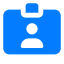 Blue icon of an identification badge with a white user silhouette in the center, set against a light gray background.