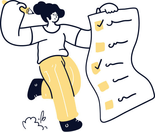 Illustration of a person holding a large checklist with yellow checkmarks, looking happy and running forward, with a pencil in one hand.