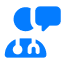 Blue icon of a person with a stethoscope and a speech bubble, suggesting a doctor or medical professional communicating or consulting.
