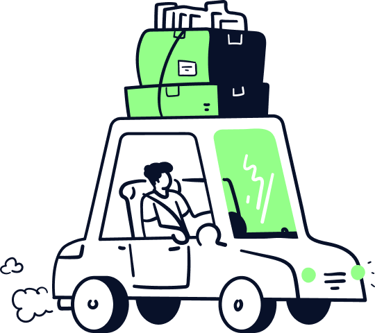 Cartoon of a person driving a car with three suitcases stacked on the roof. The car is in motion, and small clouds of exhaust are visible behind it.