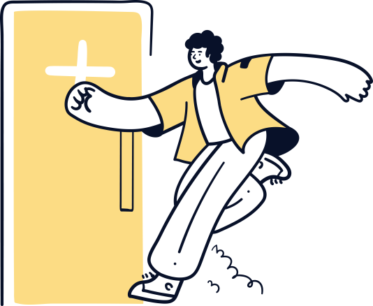 Cartoon person with exaggerated arms and legs excitedly running toward a yellow door with a plus sign on it.