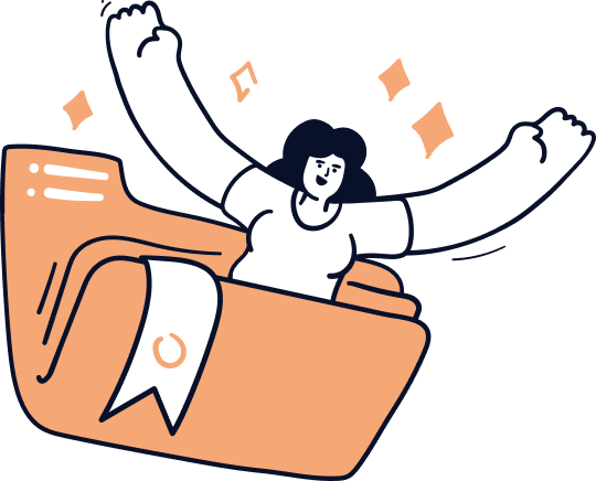 Illustration of a woman with raised arms, smiling and sitting inside a large orange folder with a ribbon. Sparkles surround her, conveying excitement and achievement.