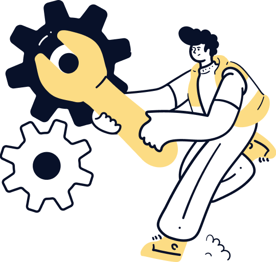 Illustration of a person holding a large yellow wrench and adjusting a black gear, with another white gear nearby. The style is simple and cartoon-like, using mostly black, white, and yellow colors.
