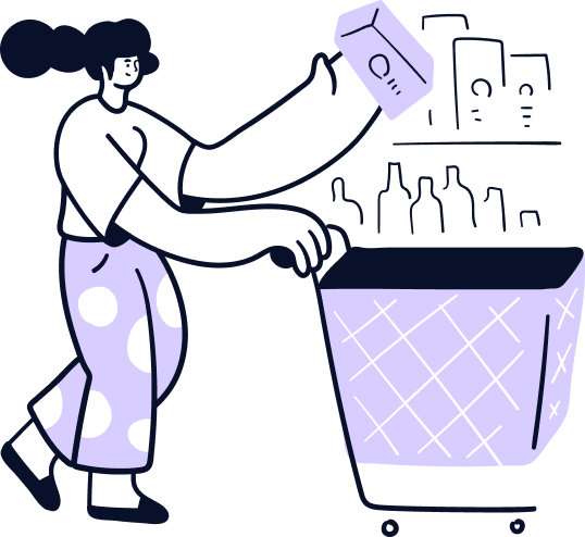 Illustration of a person with long hair in a ponytail, pushing a shopping cart and reaching for a box on a store shelf. The scene uses purple tones and stylized, simple lines.