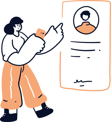 Cartoon woman holding a phone points to a large profile card with a portrait and lines representing text and a signature.