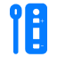Blue icon of a COVID-19 rapid antigen test kit, showing a test cassette with positive and negative marks, and a swab beside it.