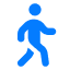 Blue icon of a person walking, shown in profile, on a light gray background.